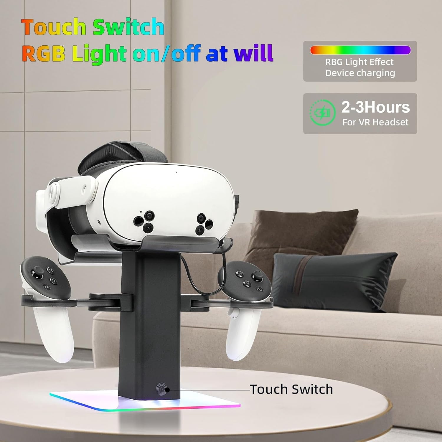 VR Stand Headset Charging Dock for Quest 3S/Quest 3/Quest 2 VR Headset Display Stand and Stable Bracket Storage Base Bottom RGB LED Light