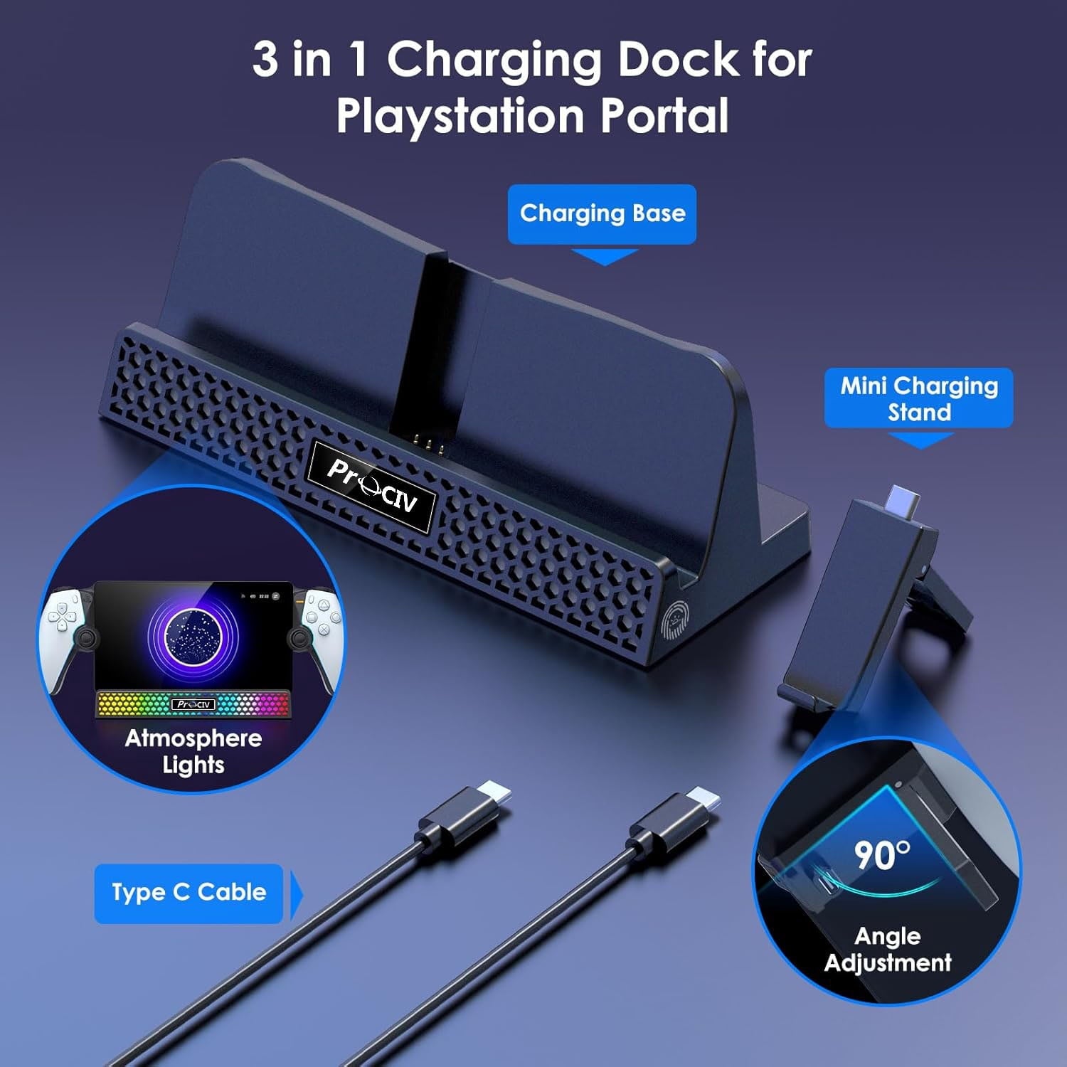Charging Dock for PlayStation Portal 3 in 1 Charging Stand for PS5 Portal with 14 RGB Light and 4.9ft USB C Charging Cable Portable Charger Accessories for PlayStation Portal Remote Player(Black)