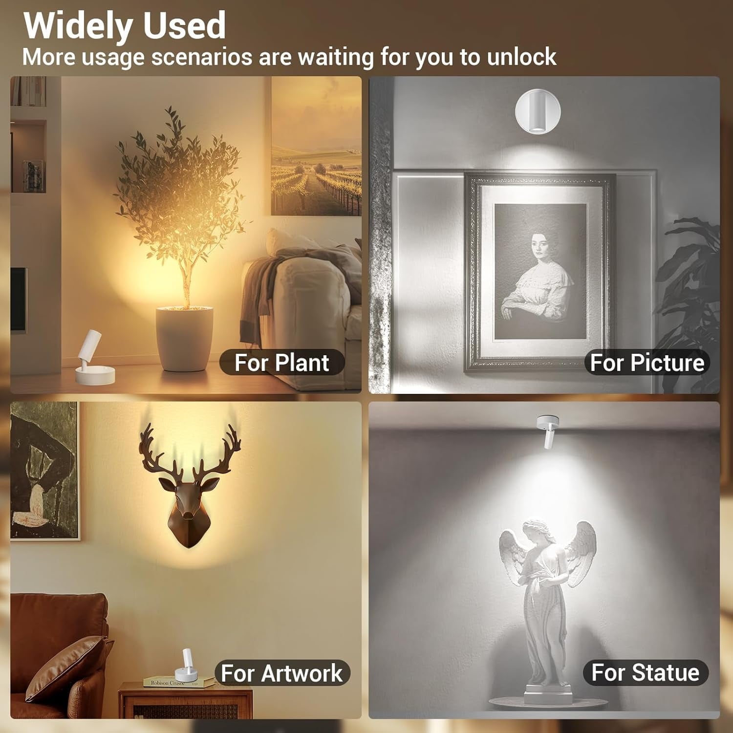 Wireless Led Spotlight Indoor Rechargeable Uplighting Indoor with Remote Dimmable 350° Rotate Battery Powered Ceiling Spotlight for Artwork Painting Tree White 2pcs