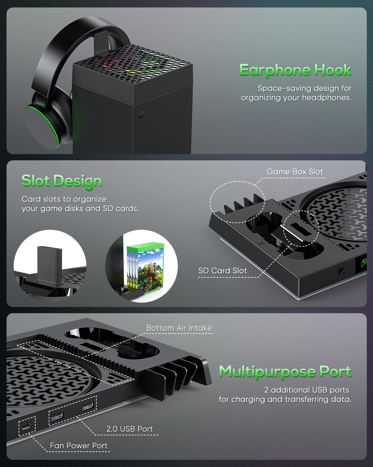 Auto Cooling Fan and Charge Stand Accessories for Xbox Series X Console with 15 Light Modes Wireless Dual Charger Dock for XSX Controller Headset Stand & Game Disc Storage