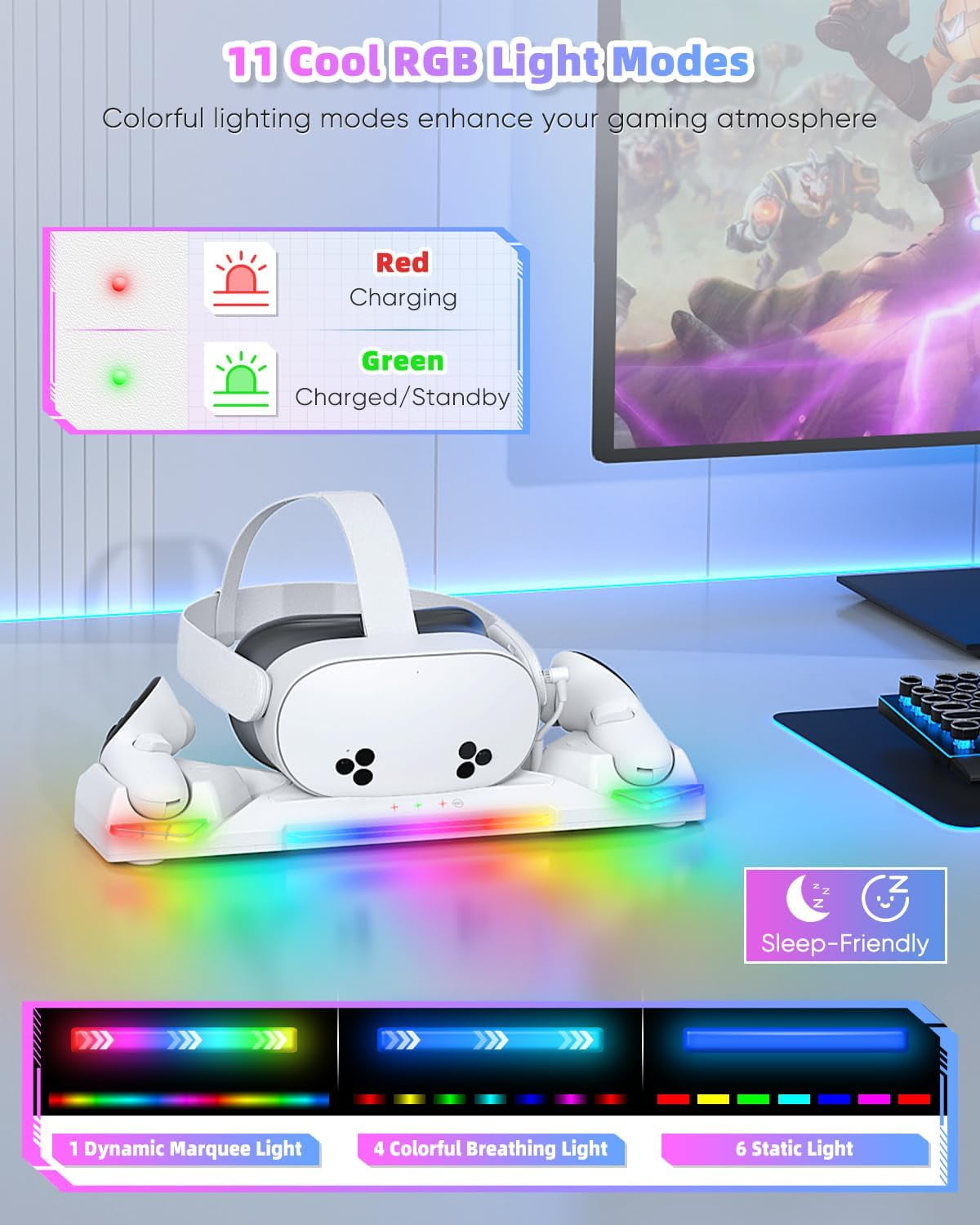 Charging Dock for Oculus Quest 3S/3/2 30W Fast Magnetic Charger Station Stand for Meta Quest 3S/3 Accessories with RGB Light 2 Rechargeable 2100mAh Batteries & Covers for Headset/Controller