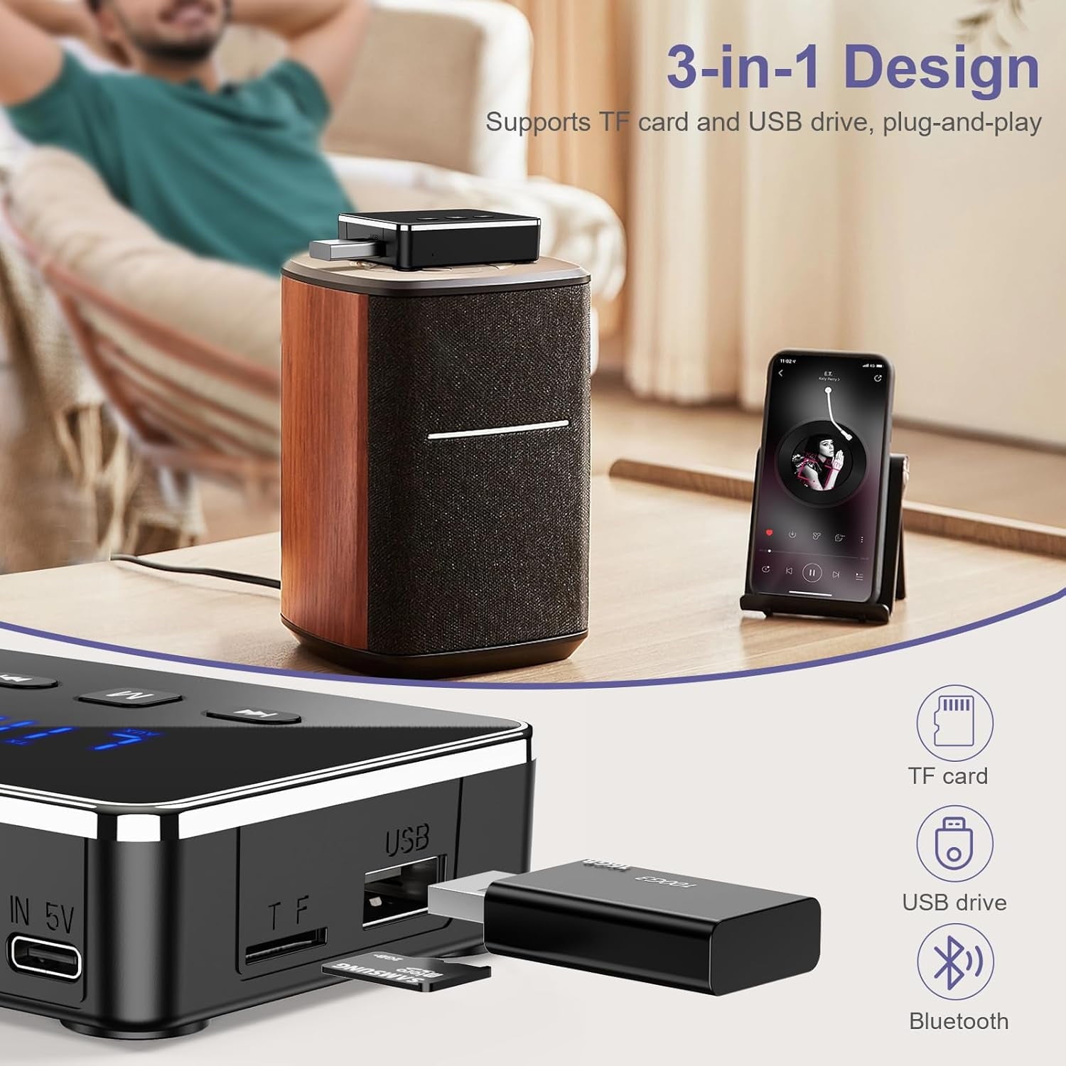 Bluetooth Audio Adapter Bluetooth 5.4 Transmitter Receiver Support U Disk TF Cards Optical/RCA/Aux LED Display Bluetooth Receiver for TV Home Stereo Adapter