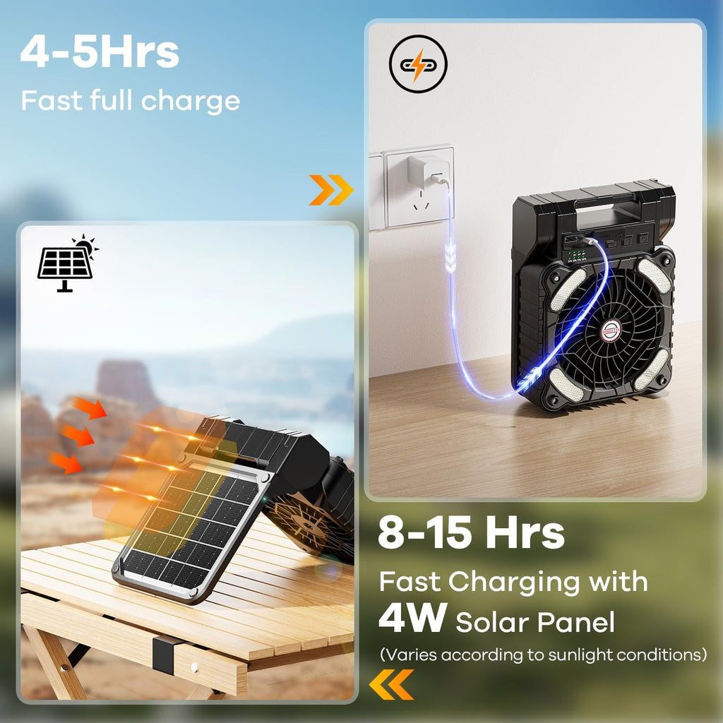 Solar Camping Fan with Light 10400mAh Rechargeable Portable Desk Cooling Fan with 4 Speeds/Timer/PowerBank for Outdoor Camping Fishing Barbecue