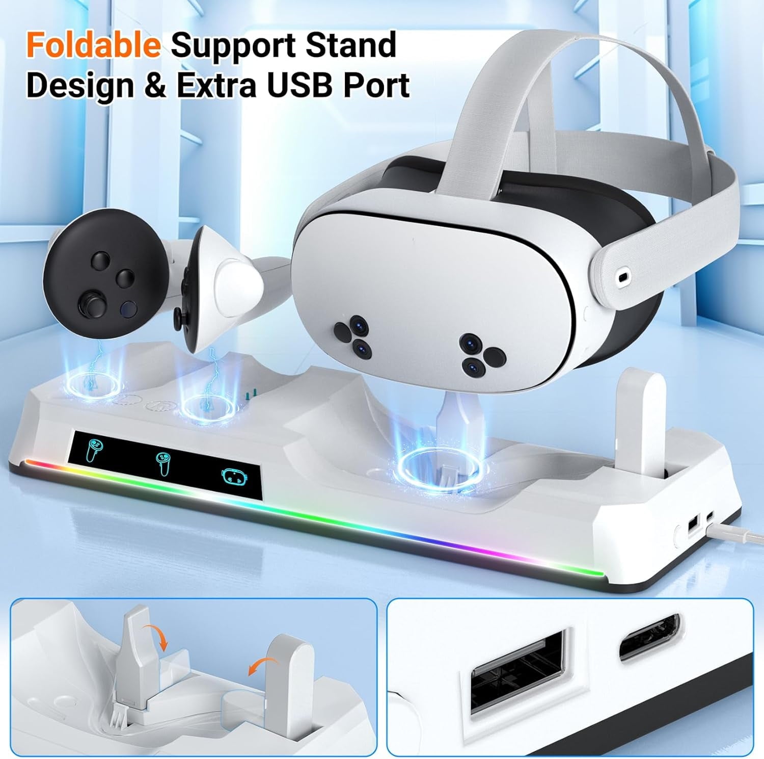 Charging Dock for Oculus Quest 3S Magnetic VR Charger with 2 Rechargeable Batteries for Meta Quest 3S Accessories VR Headset and Controller Charger Support LED Indicator