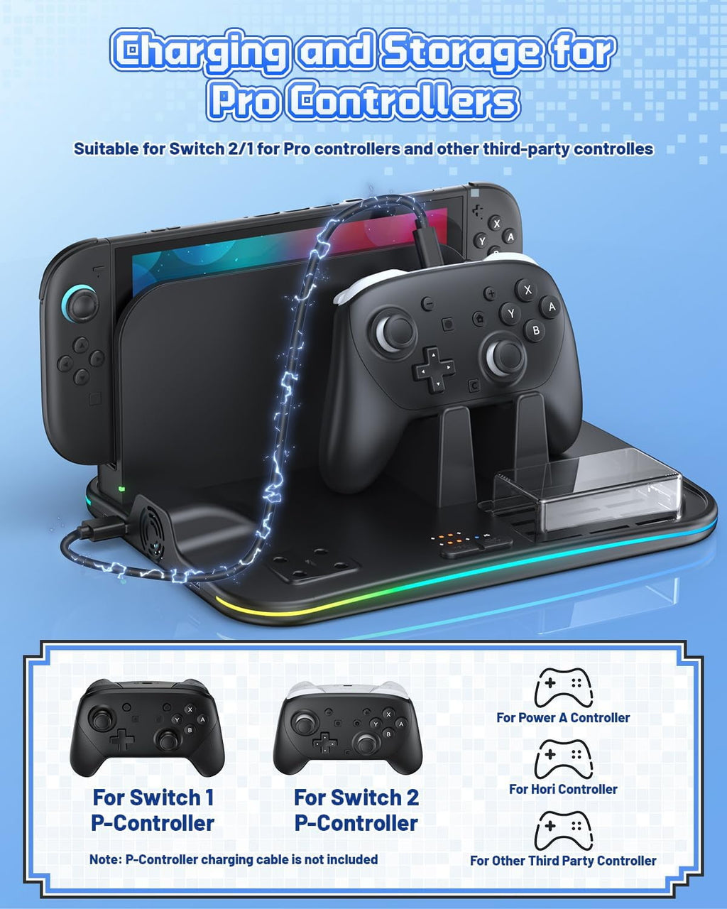 Charging Dock for Switch 2/1 Switch Cooling Fan for Nintendo Switch 2/1/OLED Storage Stand for JoyCon 2/1 with 12 Card Slots Controller/Headset Holder 9 RGB Modes