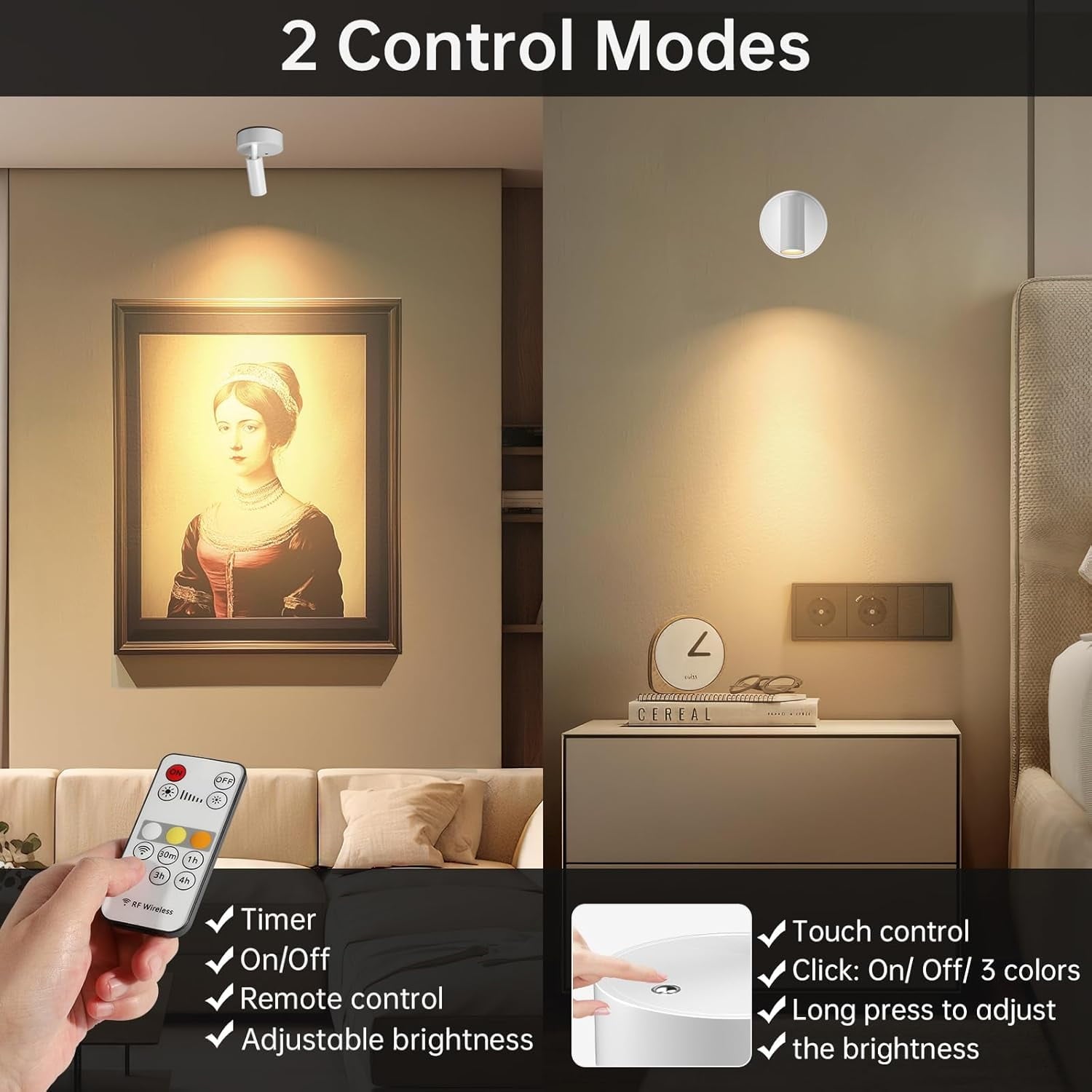 Wireless Led Spotlight Indoor Rechargeable Uplighting Indoor with Remote Dimmable 350° Rotate Battery Powered Ceiling Spotlight for Artwork Painting Tree White 2pcs