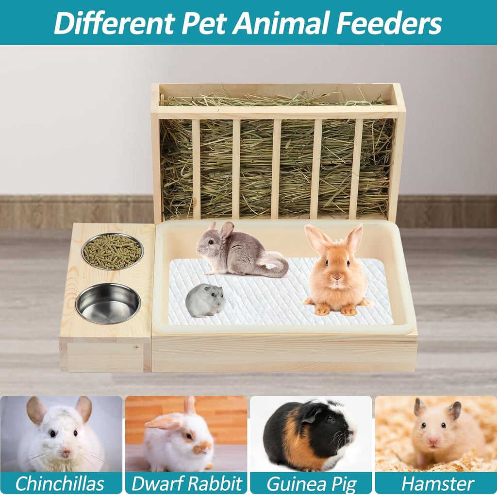 Rabbit Hay Feeder 3 in 1 Wooden Hay Feeder with Litter Box And 2 Bowls Rack Hay Holder for Guinea Pig Chinchillas Hamster Dwarf Rabbit