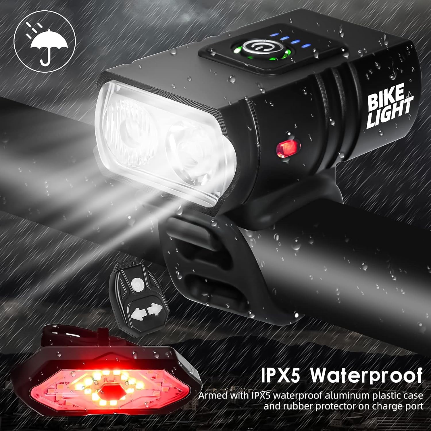 Bike Light Set with Bike Horn Alarm Remote Control Bike Tail Light with Turn Signals Bike Headlight for Night Riding Rechargeable Rear and Front Bike Light