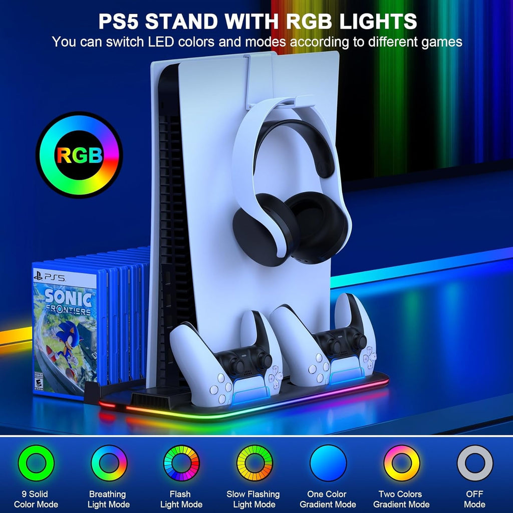 PS5 Slim Stand and Turbo Cooling Station with Controller Charging Station for Playsation 5 PS5 Accessories Incl. 3 Levels Cooling Fan RGB Light 15 Game Storage Headset Holder for PS5 Digital/Disc