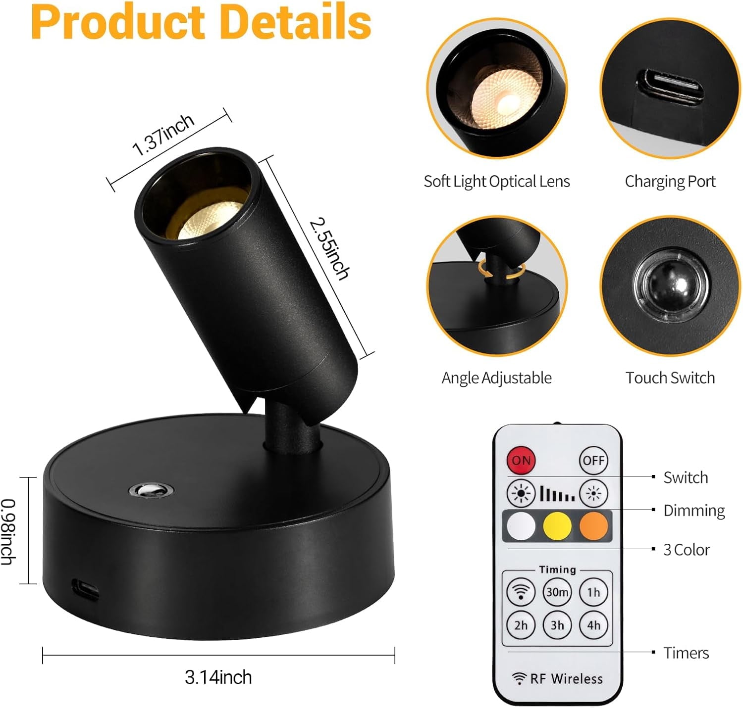 Wireless Led Spotlight Indoor Rechargeable Uplighting Indoor with Remote Dimmable 350° Rotate Battery Powered Ceiling Spotlight for Artwork Painting Tree Black 2pcs