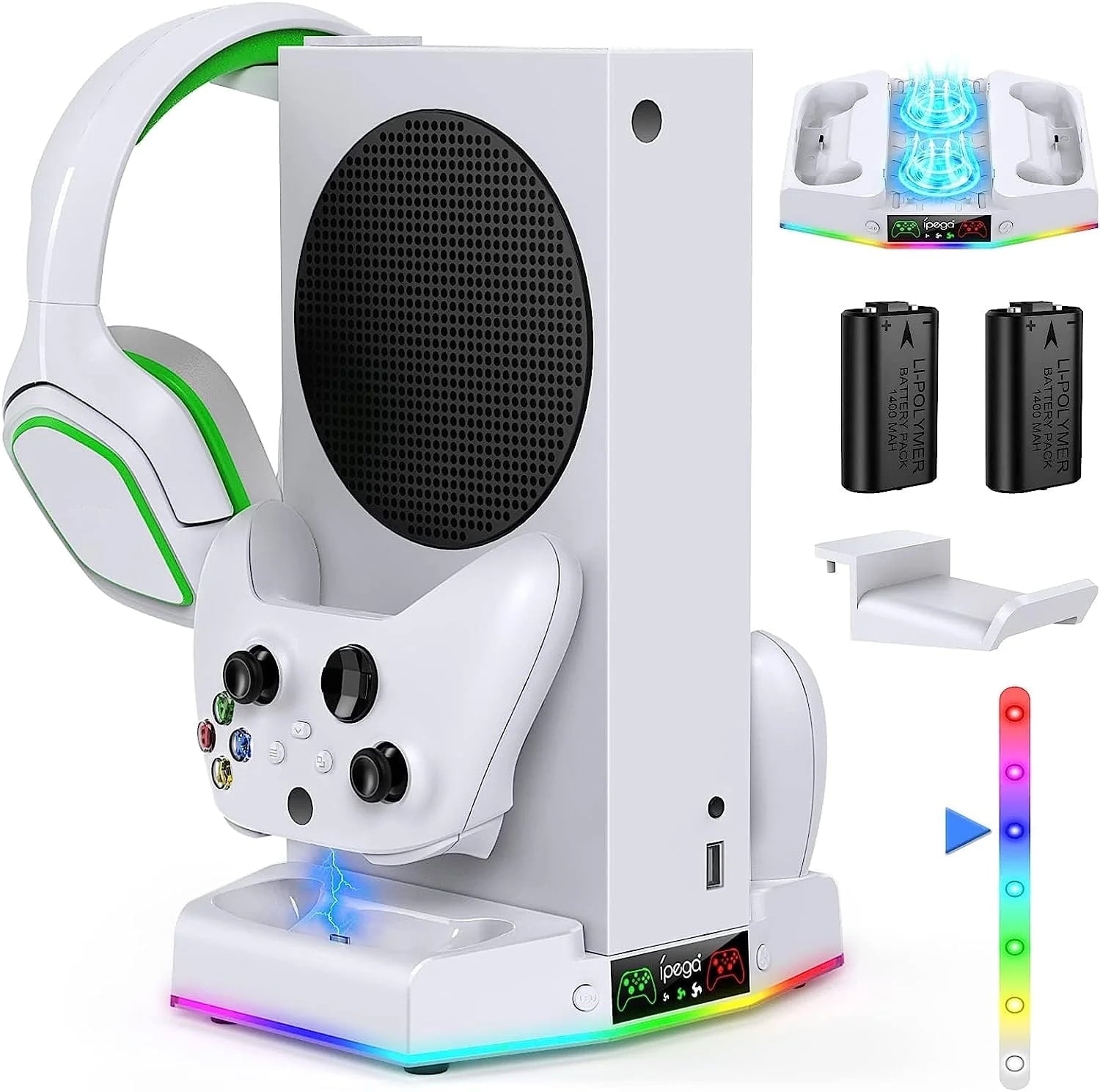 Cooling Stand & Charging Station for Xbox Series S with RGB Light - Dual Controller Charger & Cooler Fan for Xbox Series S Accessories with 2*1400mAH Batteries and Headphone Hook
