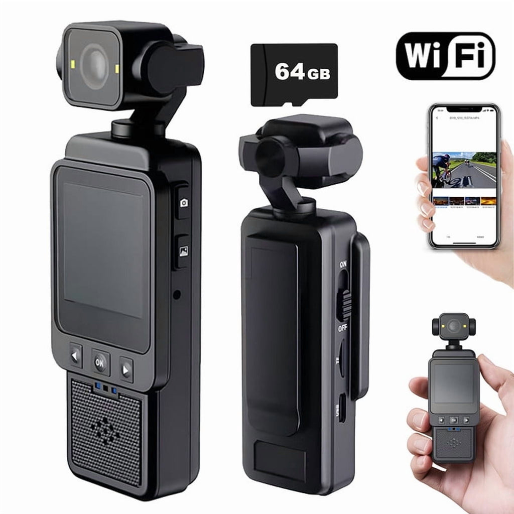 Mini Body Camera 1080P FHD WiFi Video Camera with Audio and Photograph Clip Pocket Vlog Camera for Daily Work Serving Records 180° Rotating Head 120° Wide Angle Built-in Flash 64GB Card
