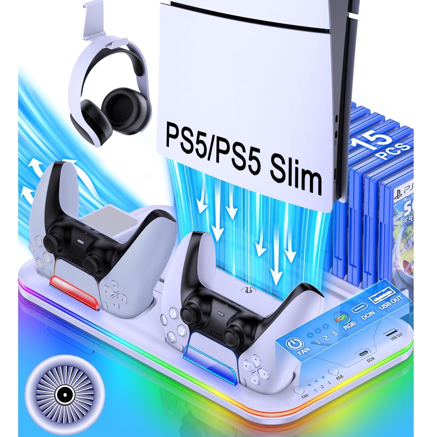 PS5 Slim Stand and Turbo Cooling Station with Controller Charging Station for Playsation 5 3 Levels Cooling Fan RGB Light 15 Game Storage Headset Holder for PS5 Digital/Disc