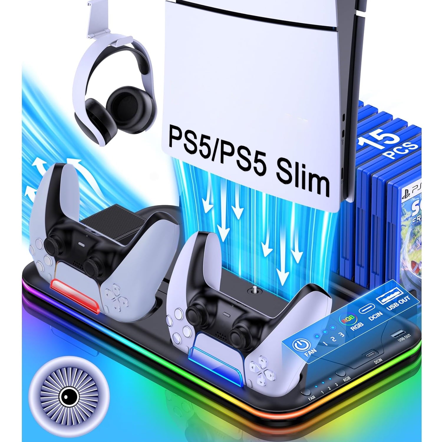 PS5 Slim Stand and Turbo Cooling Station with Controller Charging Station for Playsation 5 PS5 Accessories Incl. 3 Levels Cooling Fan RGB Light 15 Game Storage Headset Holder for PS5 Digital/Disc