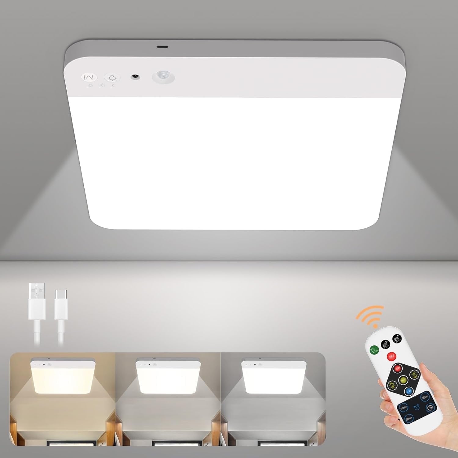 Rechargeable Motion Sensor Ceiling Light with Remote Wireless Ceiling Lights Battery Operated Closet Light 3 Colors Temperatures LED Shower Light for Bathroom Stairs Hallway Garage 1pcs