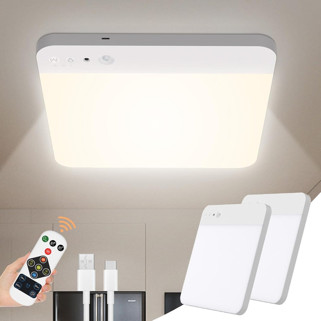 Rechargeable Motion Sensor Ceiling Light with Remote Wireless Ceiling Lights Battery Operated Closet Light 3 Colors Temperatures LED Shower Light for Bathroom Stairs Hallway Garage，2cps