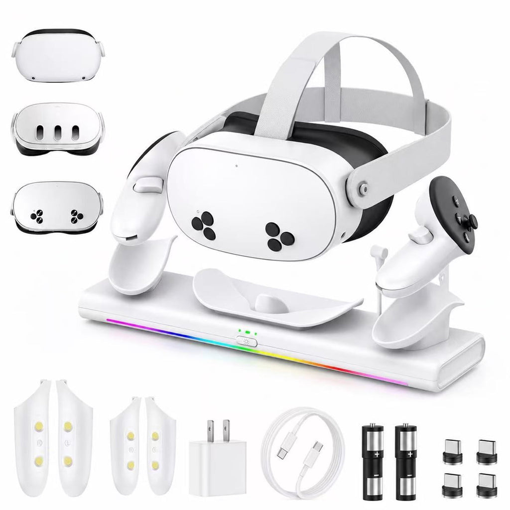 VR Charging Dock for Meta Quest 3S/3/2 PD 20W Fast Charging Station Meta/Oculus Quest 3S/3/2 Accessories Magnetic Charger Stand for VR Headset/Controller RGB Light Rechargeable Batteries