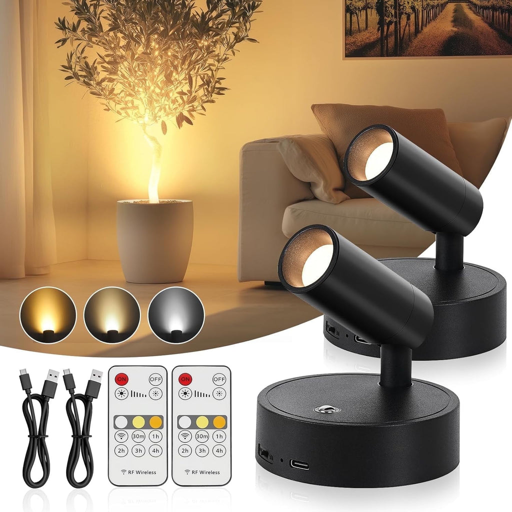Wireless Led Spotlight Indoor Rechargeable Uplighting Indoor with Remote Dimmable 350° Rotate Battery Powered Ceiling Spotlight for Artwork Painting Tree Black 2pcs