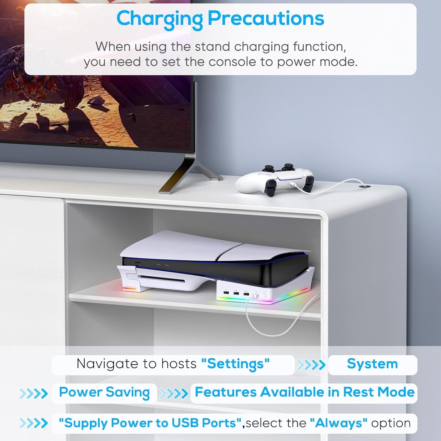 RGB Horizontal Stand for PS5 Pro / Slim Console Accessories with 14 Light Mode and 4 USB Hubs Side Stand for Playstation 5 Pro / Slim Disc & Digital Base Holder with Fast Charging White
