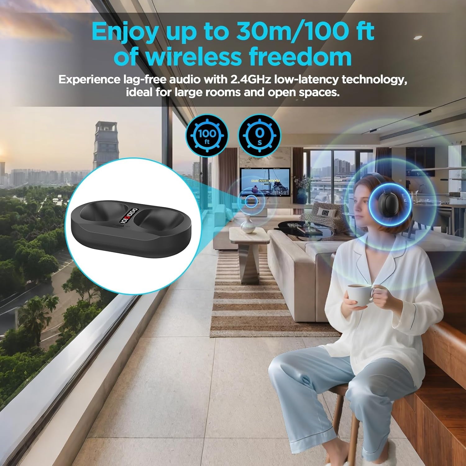 Wireless TV Headphones with 2.4G Digital RF Transmitter and Bluetooth Wireless Over Ear Headphone with Charging Base Support Optical/USB/RCA/BT No Audio Delay Compatible All TVs