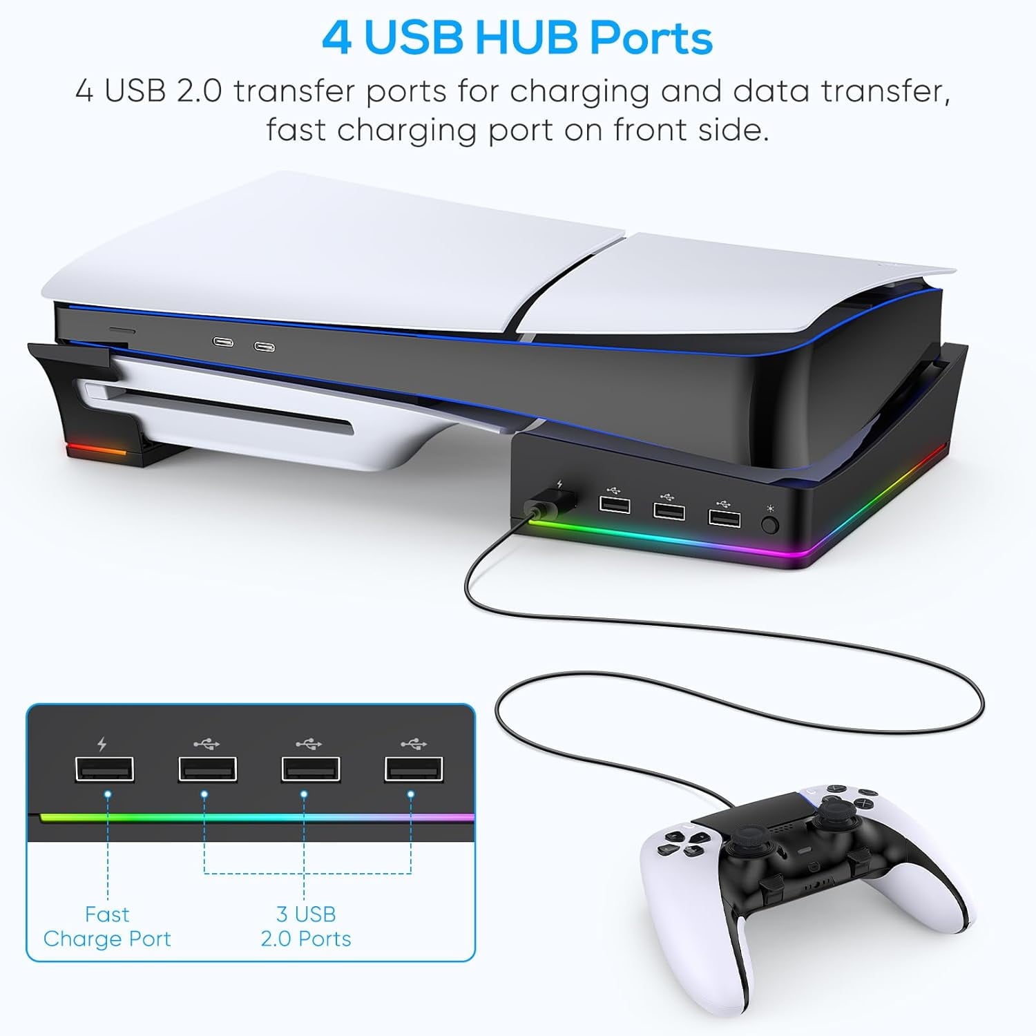 RGB Horizontal Stand for PS5 Pro / Slim Console Accessories with 14 Light Mode and 4 USB Hubs Side Stand for Playstation 5 Pro / Slim Disc & Digital Base Holder with Fast Charging Black