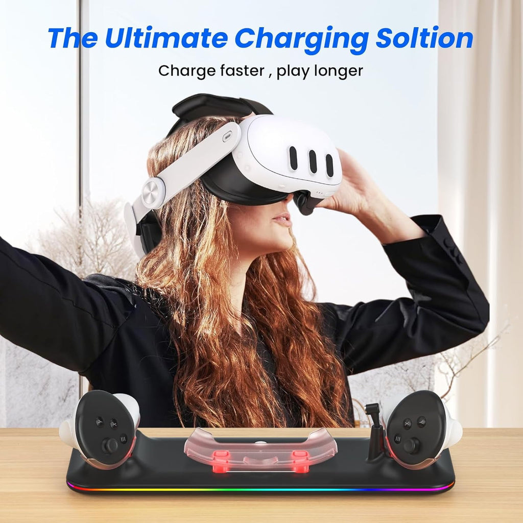VR Charging Dock for Meta Quest 3 Fast Charging Station with Colorful RGB Light for Oculus Quest 3 Magnetic Charging Stand for VR Headset and Touch Controllers with 2 Rechargeable Batteries Black