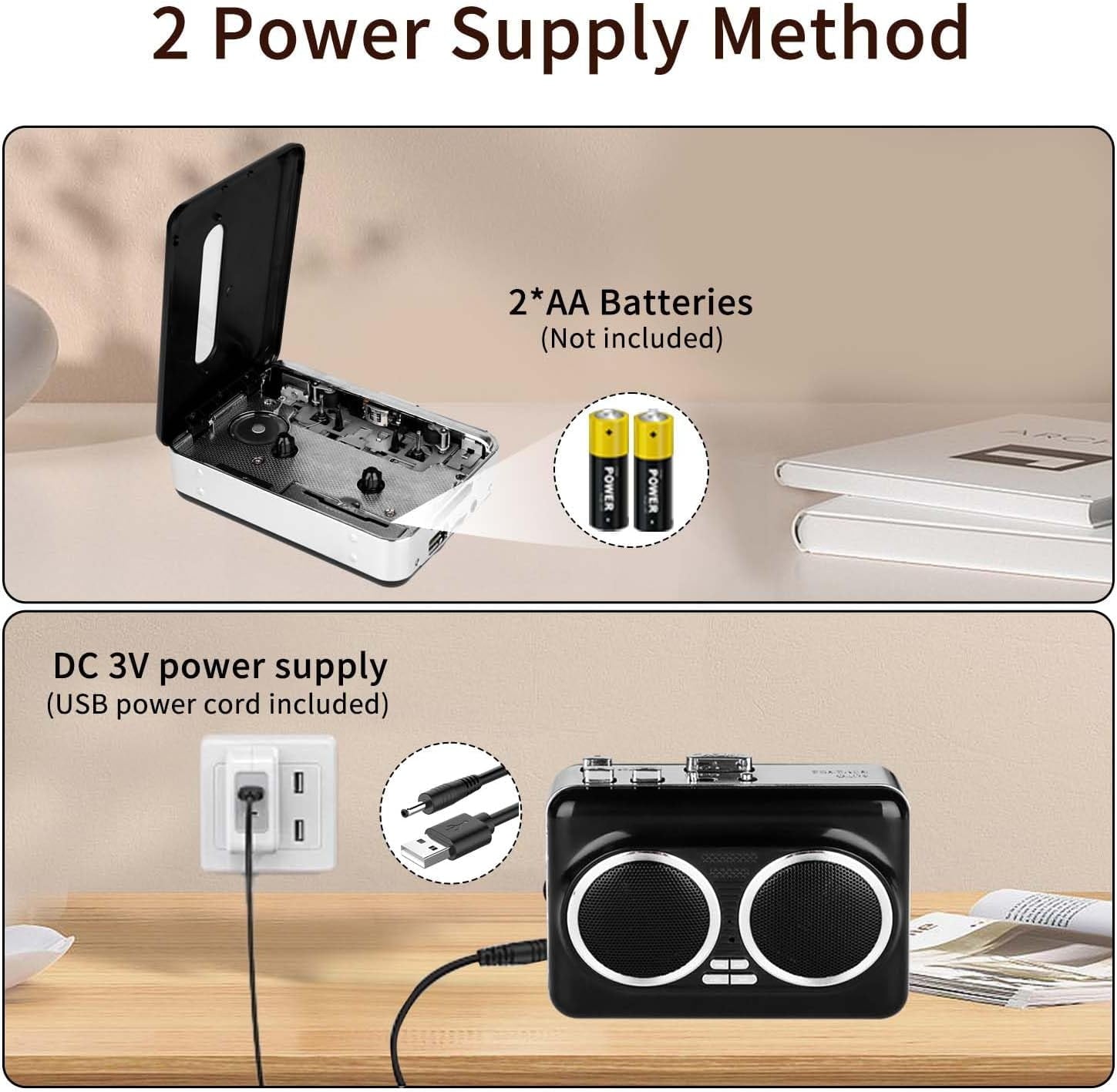 Portable Cassette Player with Auto Reverse Convert Tapes to Digital Files via USB Cassette Audio Player Tape to MP3 Converter Powered by USB Power Cord or AA Battery - Black