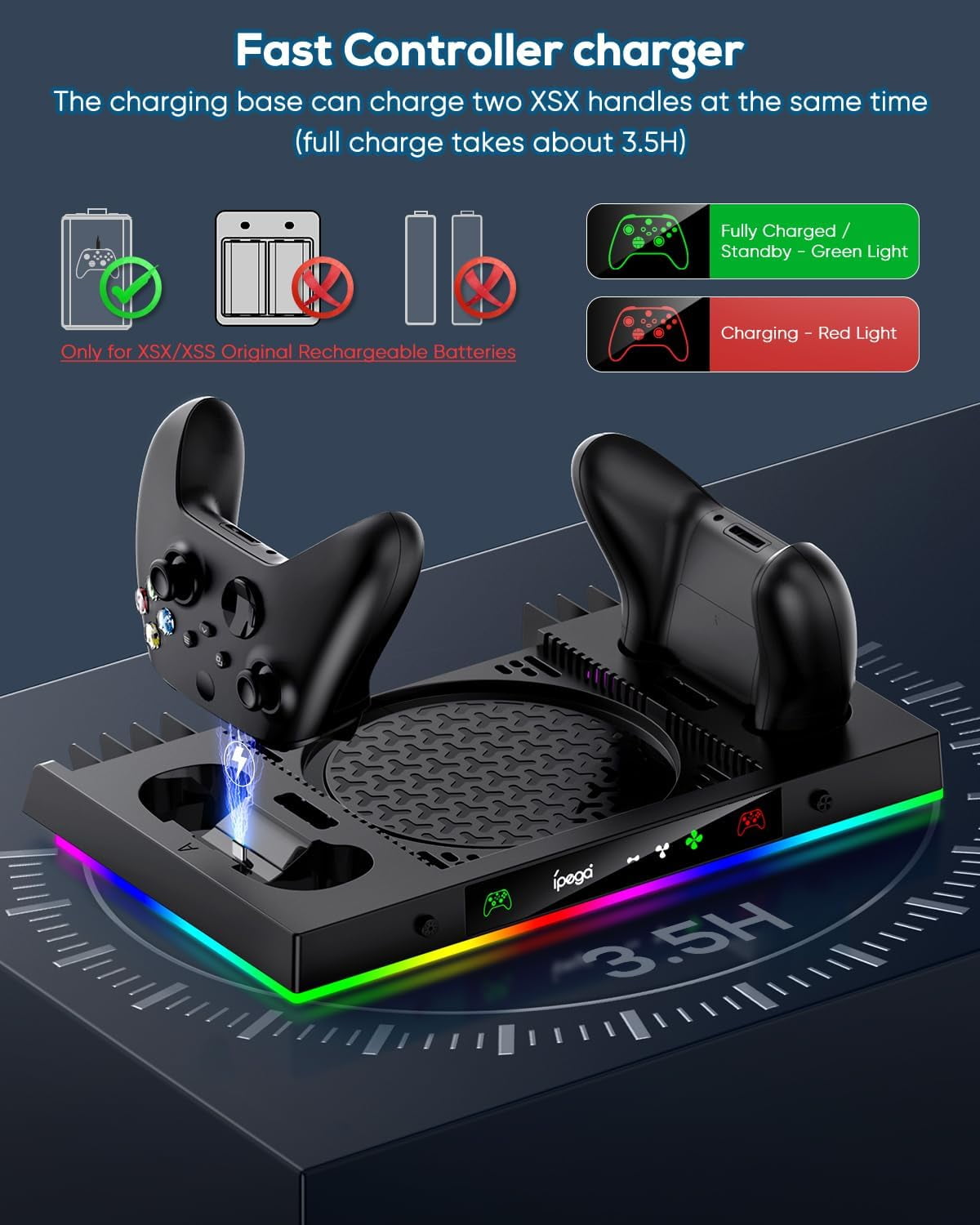 Upgrade Cooling Fan & Dual Charging Stand for Xbox Series X Console &Controller Cooler Charger Station System for Series X with 15 RGB Lights 2 x 1400mAh Rechargeable Battery Disc Accessories Storage