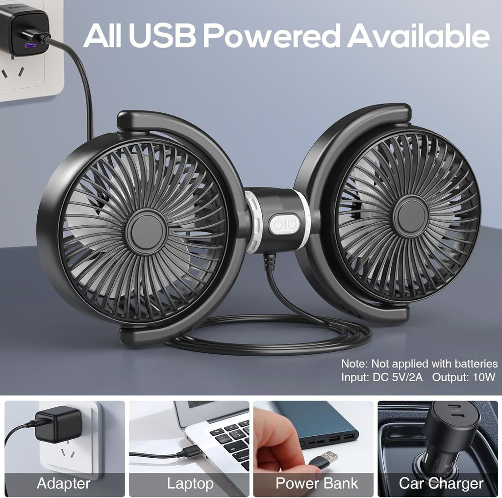 Dual Head Car Fan USB Cooling Fans for Backseat 360° Rotatable Car Seat Headrest Fan for Kids Dog Rear Facing 3-Speed Separate Controlled Car Backseat Fan Air Circulation for Vehicle SUV RV Trunk